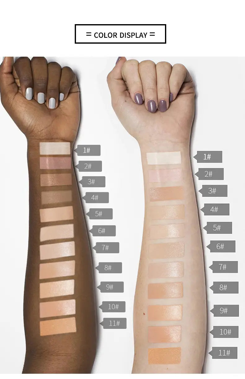 Two hands display a color palette of foundation shades from light to dark with numbered swatches applied on skin for Pudaier full coverage liquid concealer makeup 5ml.