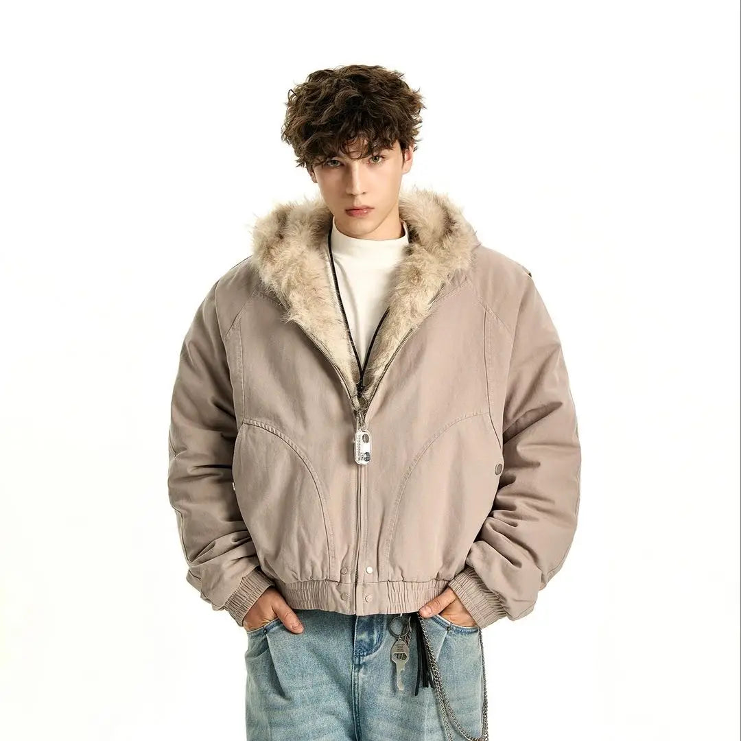 Beige bomber jacket with a plush light brown faux fur lined hood and ribbed cuffs designed for winter wear.