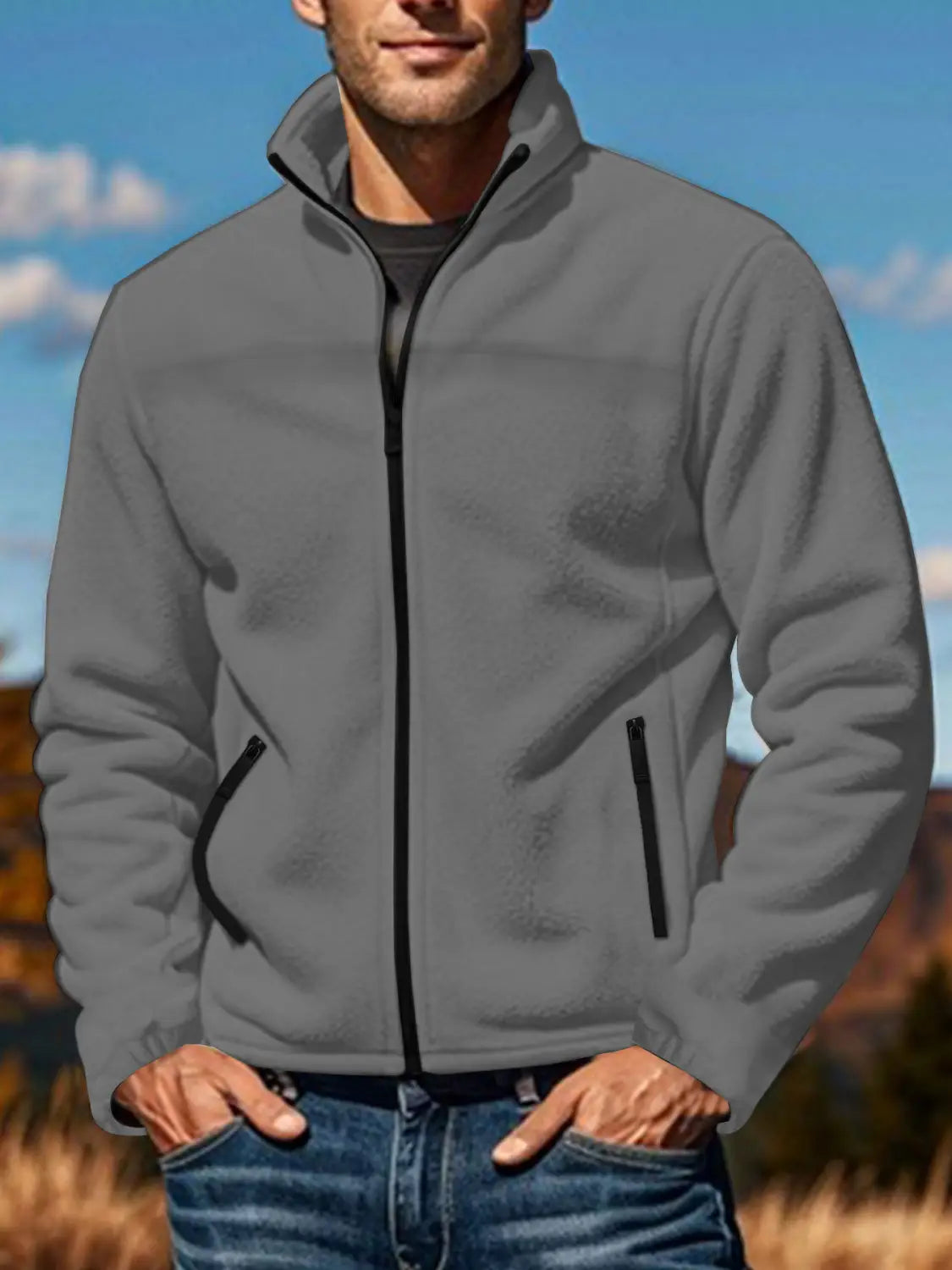 Chaqueta polar para hombre de cierre completo con cuello alto en color gris, con cremallera negra y bolsillos laterales, fabricada con material de forro polar suave.