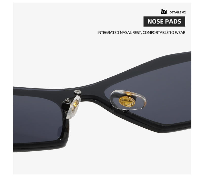 Black rectangular Geometric Shield UV400 fashion sunglasses featuring integrated nasal rest and gold-accented nose pads.