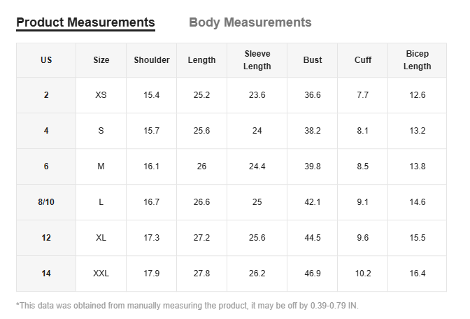 A detailed size chart in inches for the women’s butterfly and chain print long sleeve blouse listing measurements from xs to xxl.