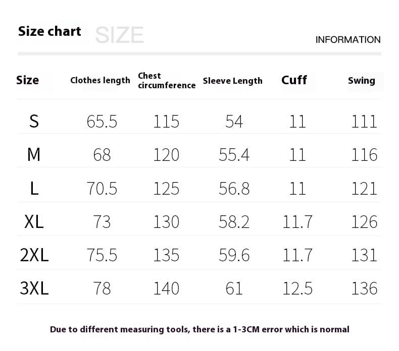 Size chart for women thick padded winter coat suede puffer jacket showing measurements in centimeters across sizes S through 3XL.