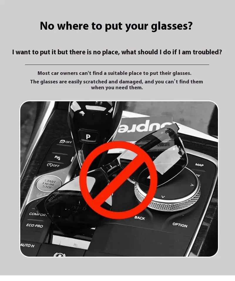 black sunglasses resting on a car center console next to a leather car glasses clip holder pu leather case in black
