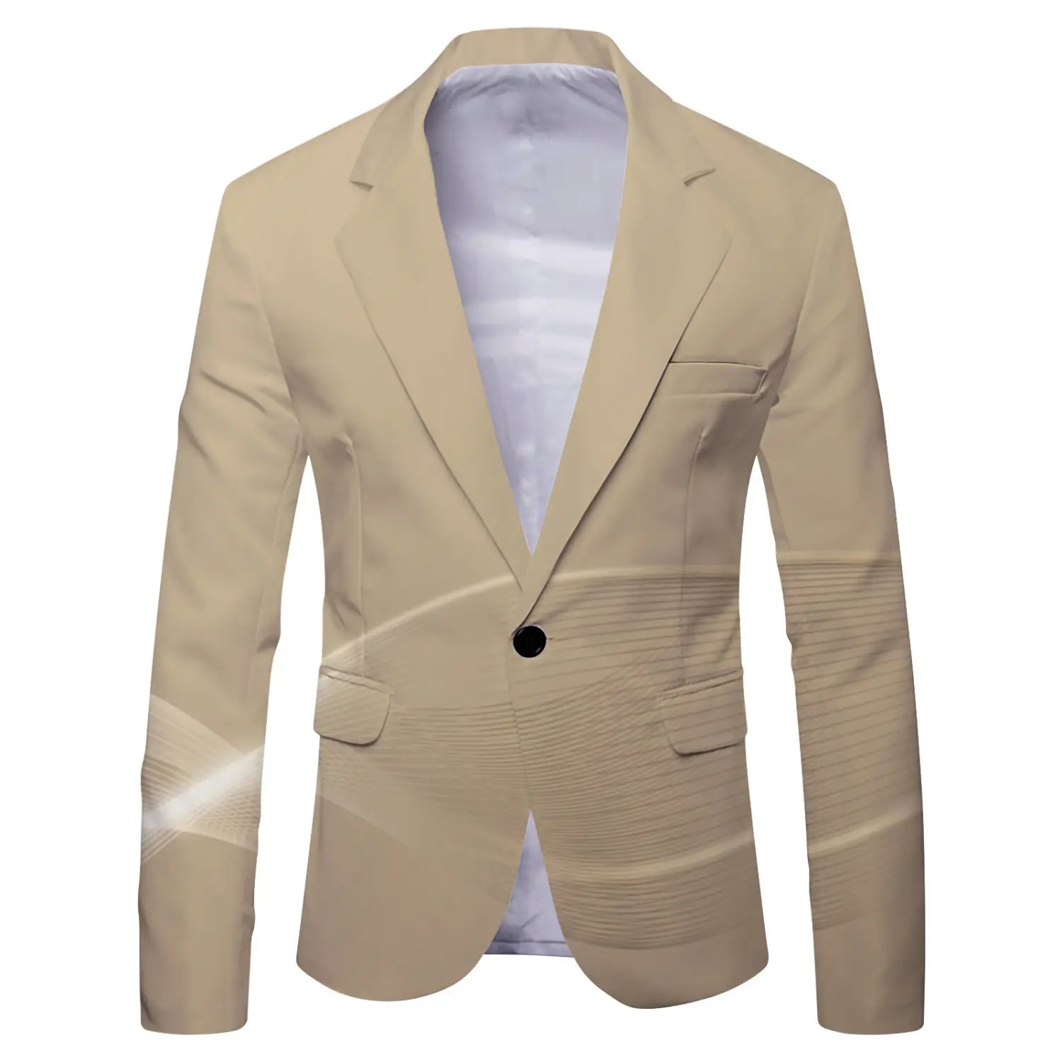 Beige mens slim fit casual blazer with subtle textured panels and a single black button in British style suit design.