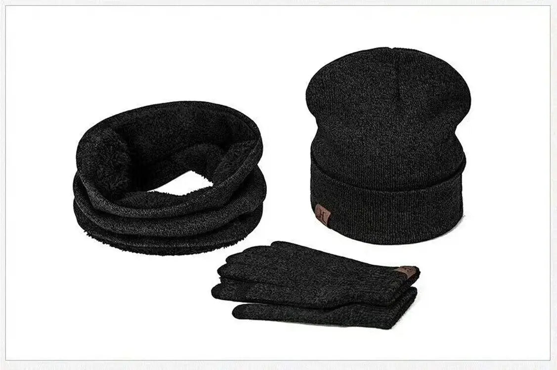 black knit beanie with a small brown leather patch on the cuff featured in the gray knit winter hat scarf and touchscreen gloves set