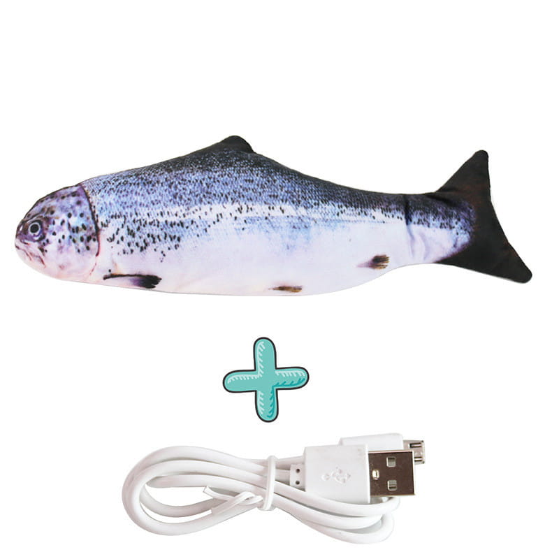 Interactive electric fish cat toy usb rechargeable plush featuring a realistic blue and silver patterned rainbow trout body with a black tail.