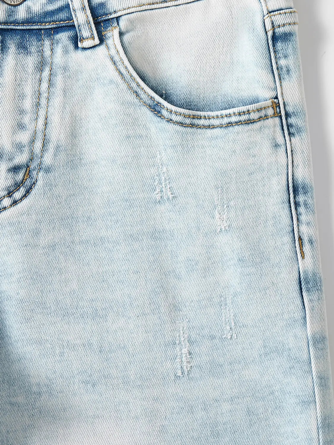 Wide leg stretch denim jeans in light-wash denim with subtle distressing and a classic five-pocket design.