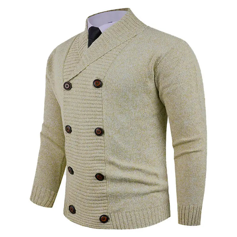 Men’s double-breasted knit cardigan in beige with dark brown wooden buttons and ribbed detailing.