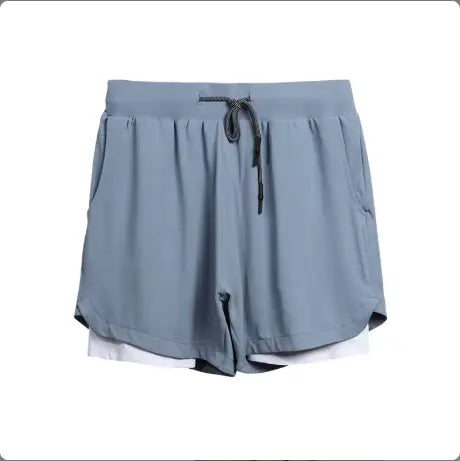 Men’s 2-in-1 breathable quick dry athletic training shorts in light blue with a drawstring waist and white inner lining.