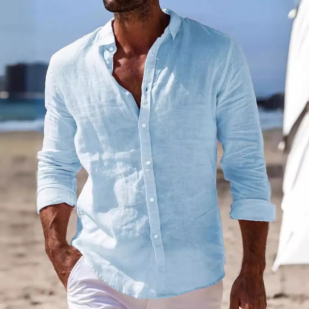 light blue linen casual button down shirt for men with rolled up sleeves