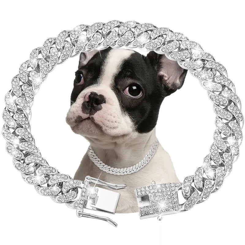 Collier choker pour chien en argent, diamant à maillons cubains, étincelant, orné de rhinestones transparents et doté d’une boucle sertie assortie.