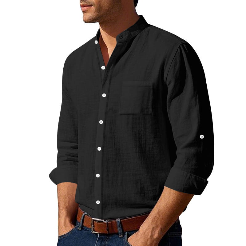 Men’s casual black linen long sleeve button-down shirt with white buttons and a chest pocket.