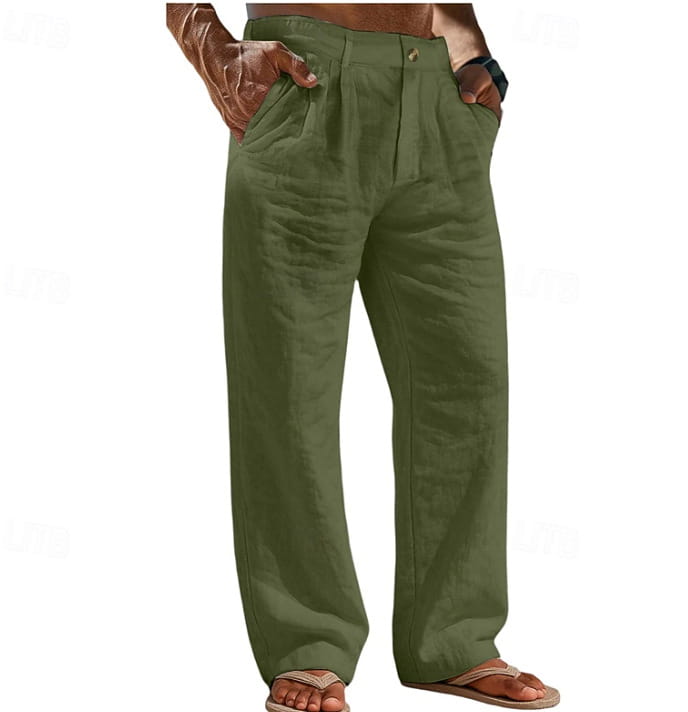 Pantalones de lino de algodón para hombre en color verde oliva con ajuste relajado, con detalles en la parte delantera plisada