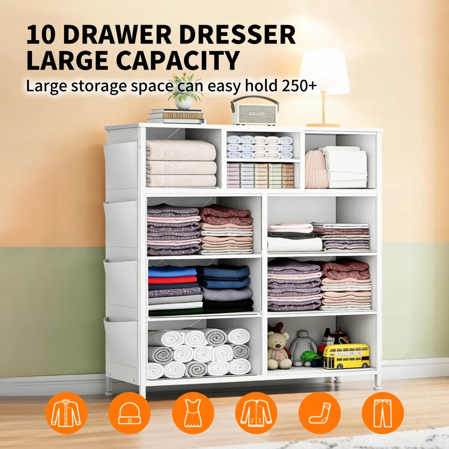 10-drawer Dresser with Side Pocket & Hooks Storage Cabinet with Wood Top for Bedroom Closet Organization