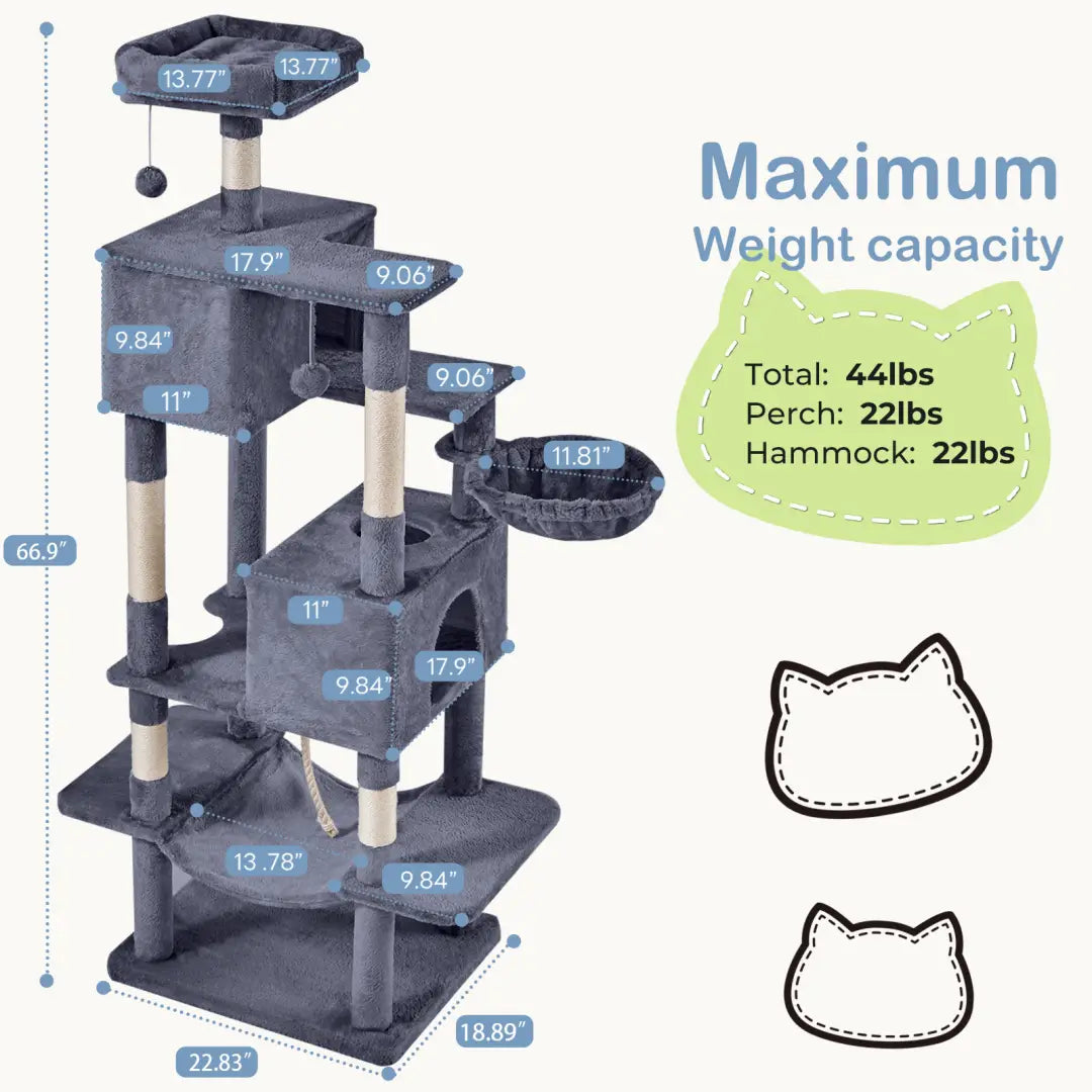gray 66 inch multi-cat tree tower and condo featuring multiple levels with plush platforms and sisal scratching posts for cats.