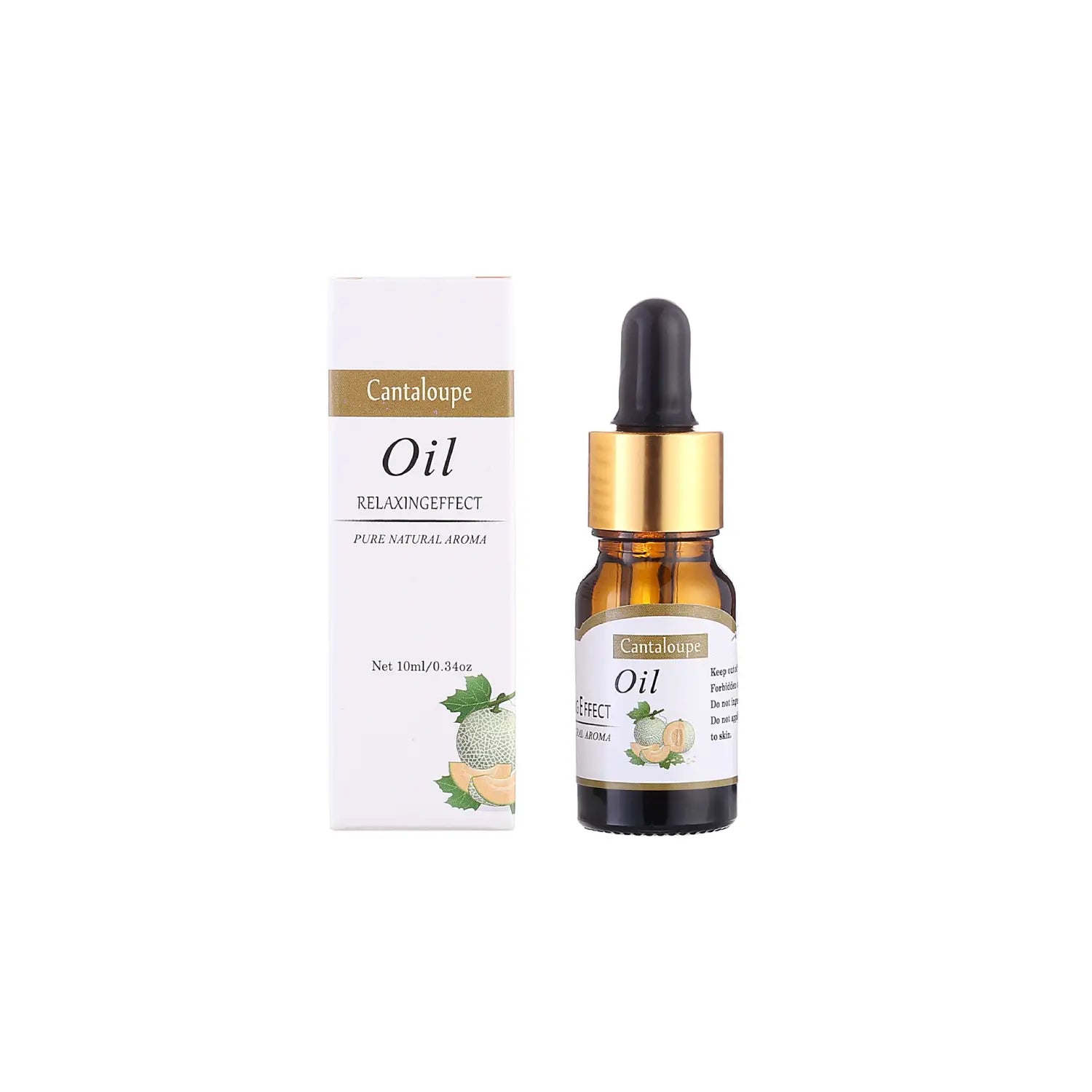 Cantaloupe-Marke Entspannungseffekt-Öl in einer 10 ml bernsteinfarbenen Glasflasche mit goldfarbener Kappe und schwarzer Pipette, zusammen mit der weißen rechteckigen Verpackung zur Anwendung in der Aromatherapie