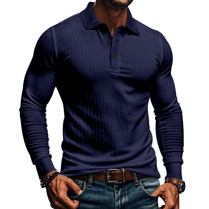 Dunkelblaues geripptes Langarm-Poloshirt für Herren aus weichem Material.
