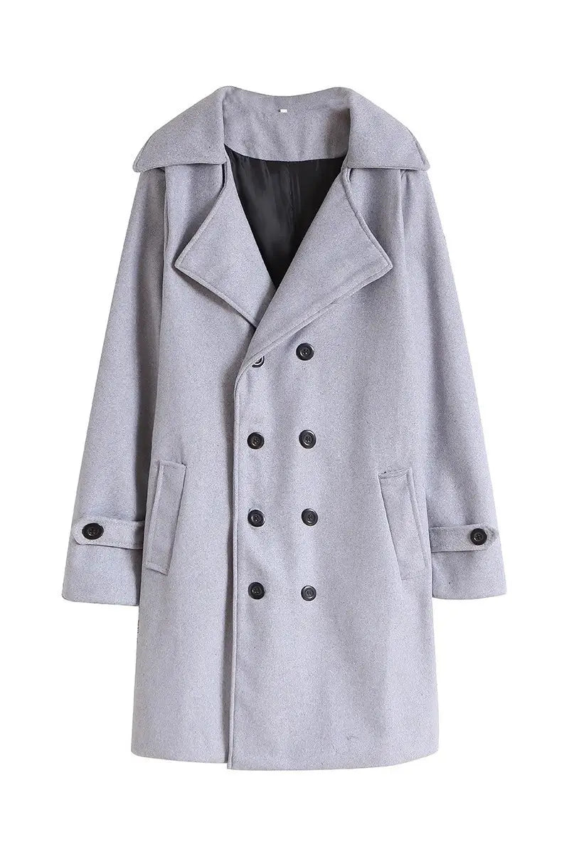 men wool trench coat double breasted korean style jacket in gray wool with black buttons and a notched collar