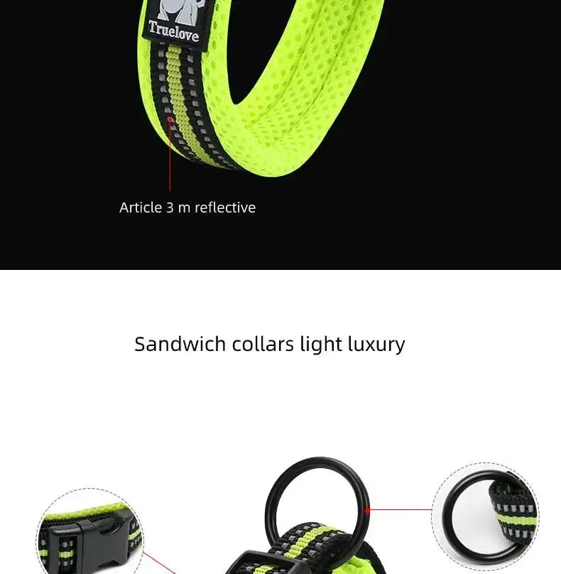 collar para perro de malla acolchada reflectante talla mediana en verde neón brillante, con detalles a rayas negro y gris, y un diseño resistente tipo sándwich.