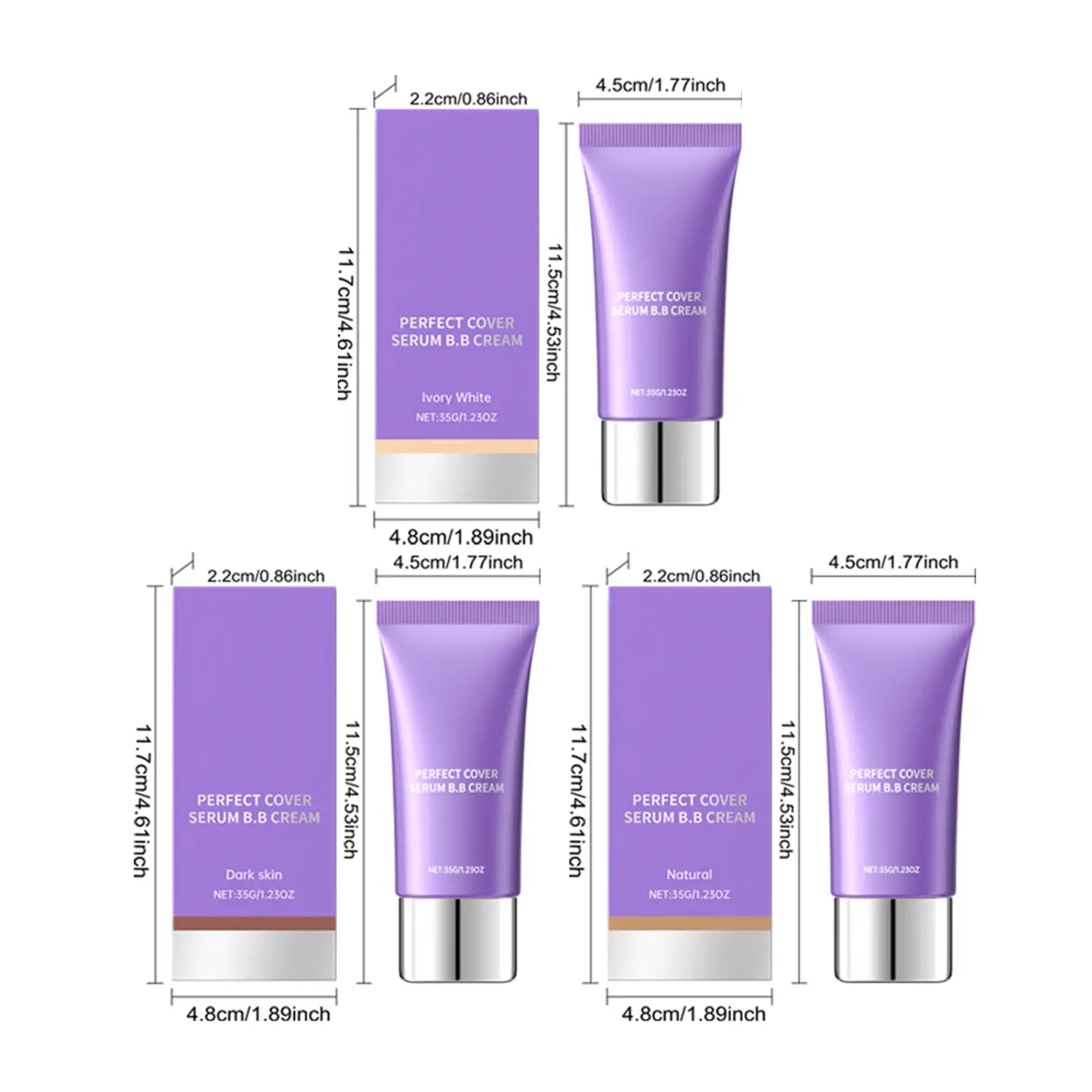 Purple tube of hydrating bb cream perfect cover serum foundation featuring perfect cover serum for skin hydration and coverage.