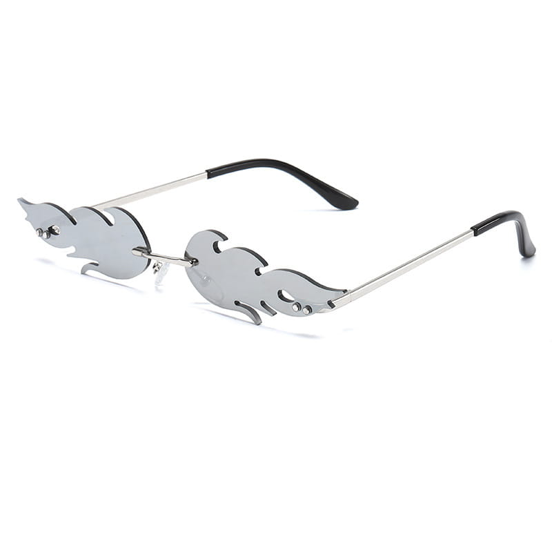 Metallic flame gemstone sunglasses featuring silver flame-shaped mirrored lenses with black temple tips and gradient tint.