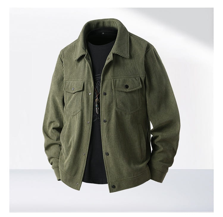 Olivgrüne Herren-Cordjacke im Casual-Stil mit klassischem Kragen und Knopf-Vorderseite.
