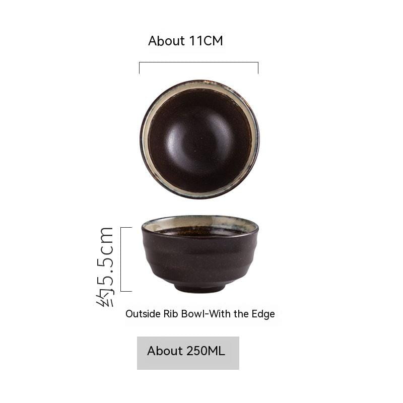 Dark brown ceramic bowl with subtle ribbed exterior and lighter rim measuring 11cm diameter and 5.5cm tall holding approximately 250ml of liquid from ceramic bowl retro porcelain rice tableware 4 inch collection.