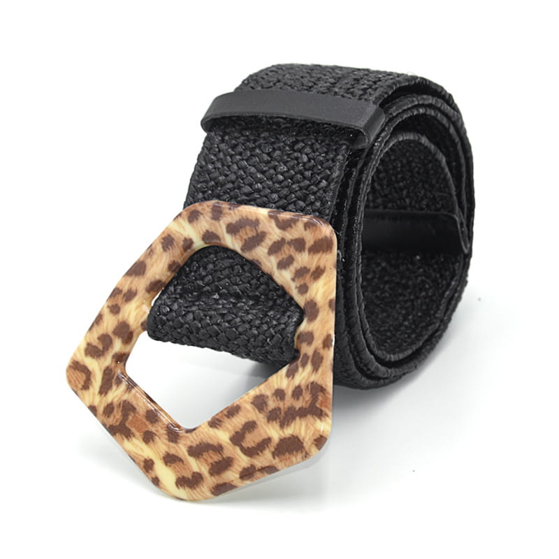 Black woven elastic belt with a round hexagonal leopard print buckle.