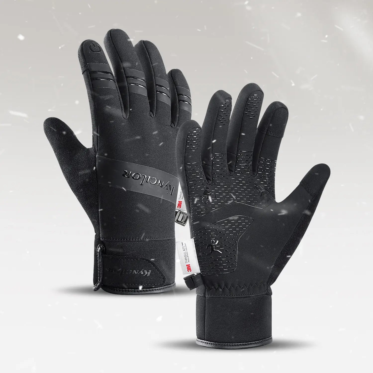 Black waterproof touchscreen ski gloves shown from the back with textured grip panels and a branded wrist strap.