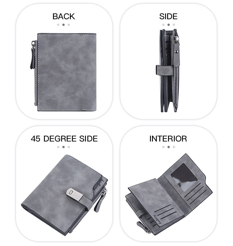 Gray textured women’s short faux leather wallet with zipper closure and metallic clasp featuring multiple card slots.