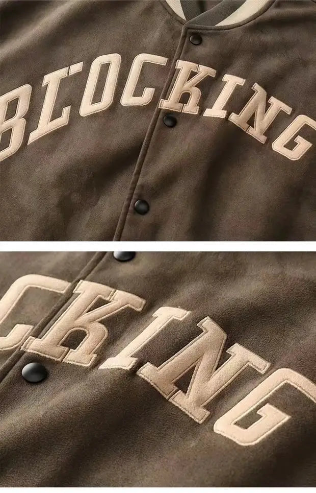 Brown varsity jacket in Korean style featuring cream-colored embroidered blocking lettering and black buttons designed as a loose casual top.