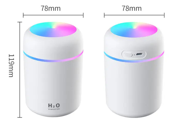 Ultrasonic mini humidifier in white cylindrical design with usb power, rainbow led light top and base ring, and h₂o logo on the side featuring a 300ml capacity.