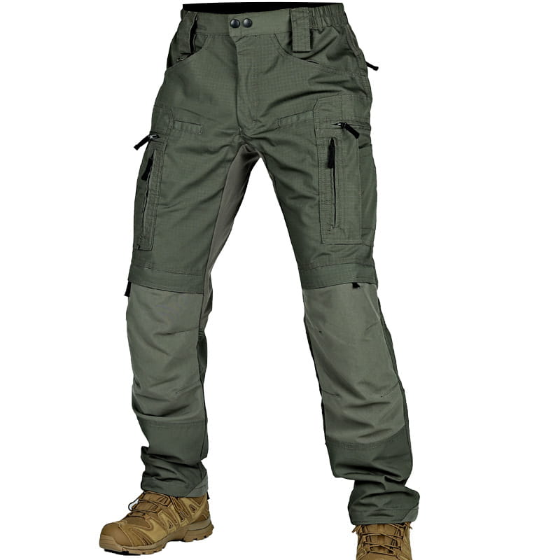 Pantalons tactiques P40 vert olive pour hommes, avec plusieurs poches zippées et panneaux de genoux renforcés, conçus pour un usage militaire et en extérieur.