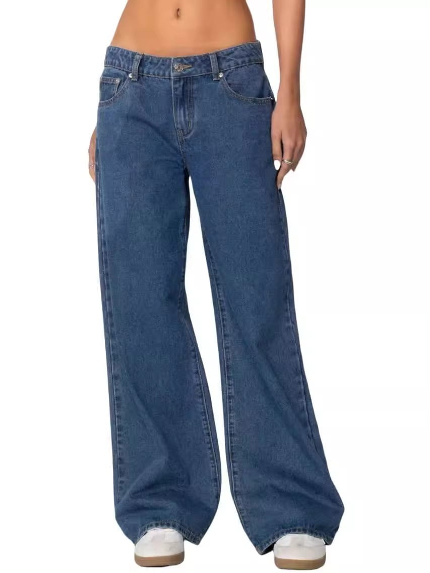 High waist wide leg denim jeans in blue with a relaxed flare cut and classic five-pocket design.