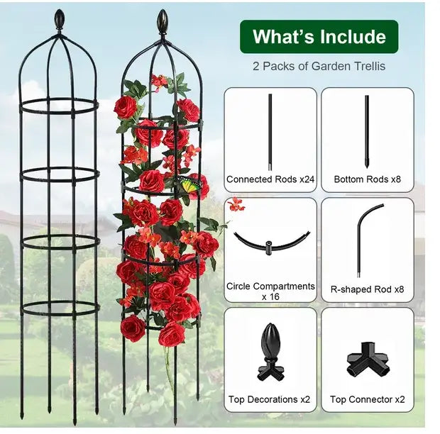 black metal garden obelisk trellis 2 pack 5.9ft featuring an ornate top finial and circular rings for climbing plants.