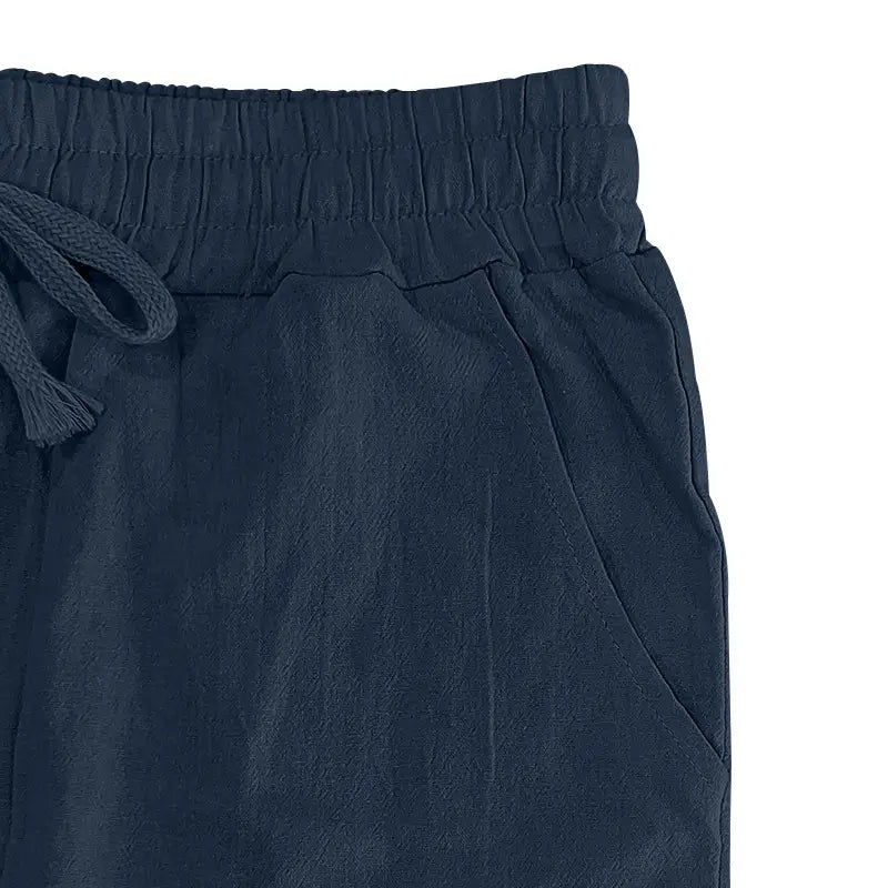 men’s linen joggers casual drawstring pants in navy blue textured fabric with elastic waistband and matching drawstring for comfortable wear.