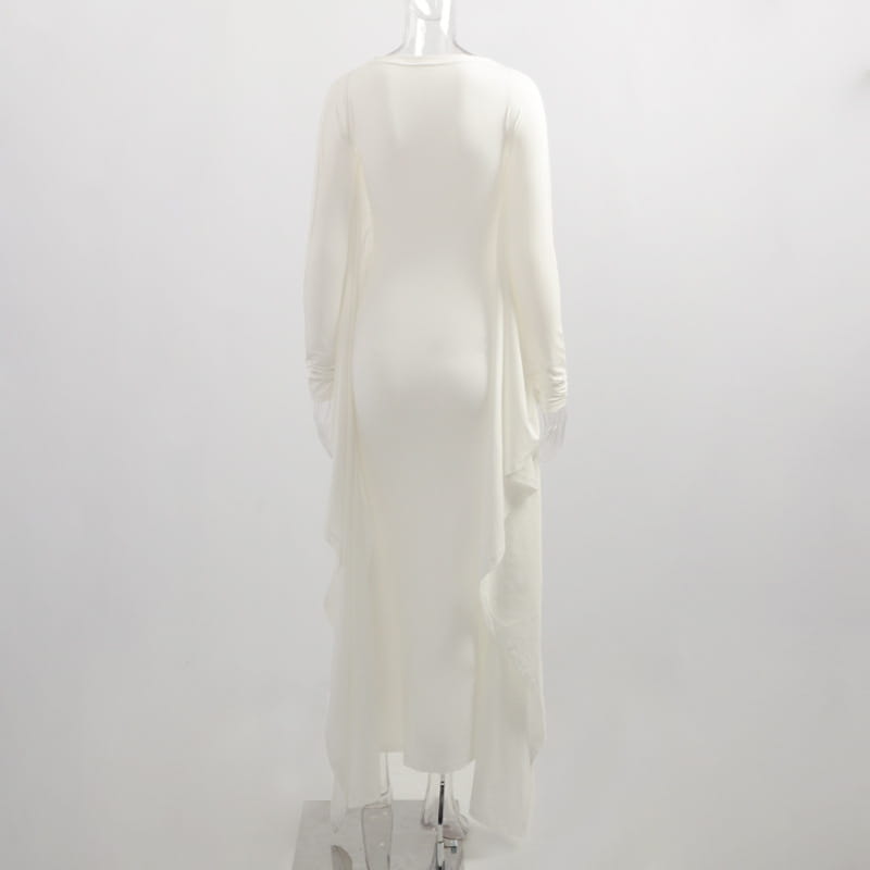 A flowing white asymmetrical satin batwing sleeve maxi dress featuring a sheer layered overlay and a long sleeve design.