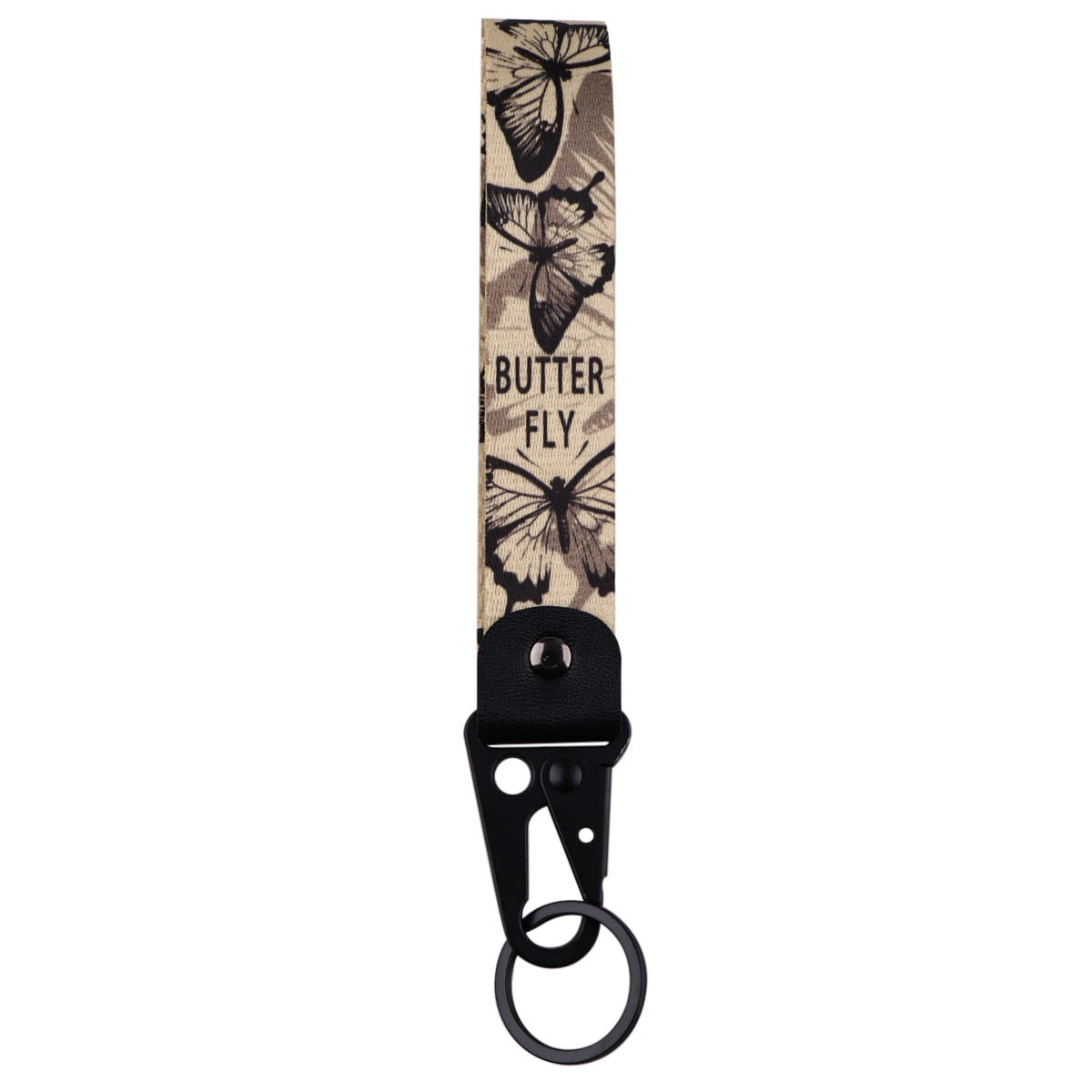 Beige and black butterfly wrist strap keychain with metal clip and ring for secure attachment.