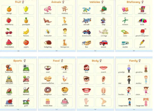 Educational children’s learning chart from the sank magic practice copybook set for kids preschoolers featuring colorful illustrations and labeled categories including fruit animals vehicles stationery sports food body parts and family relationships.