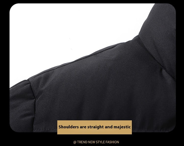 Men’s warm padded down jacket in black with a puffer design and straight structured shoulders.