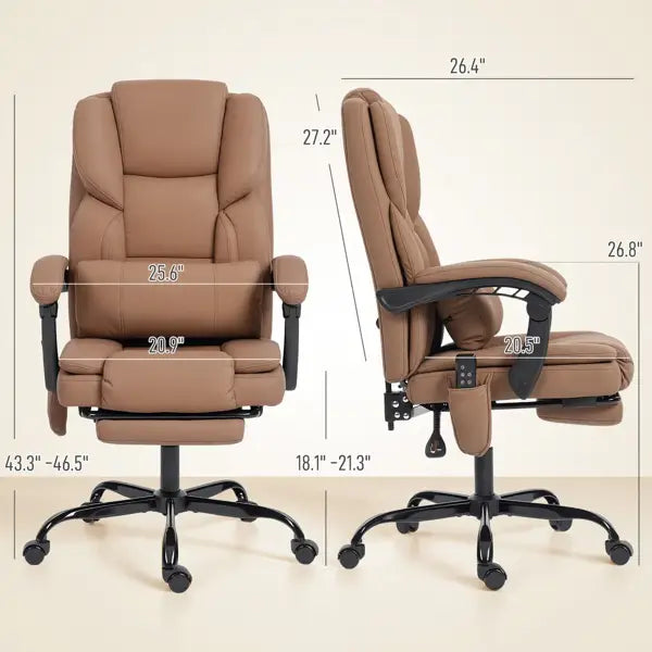 Sillón de oficina tipo cuero marrón con funciones de reclinación ajustables y base de metal negro, diseñado para uso de masaje y de oficina