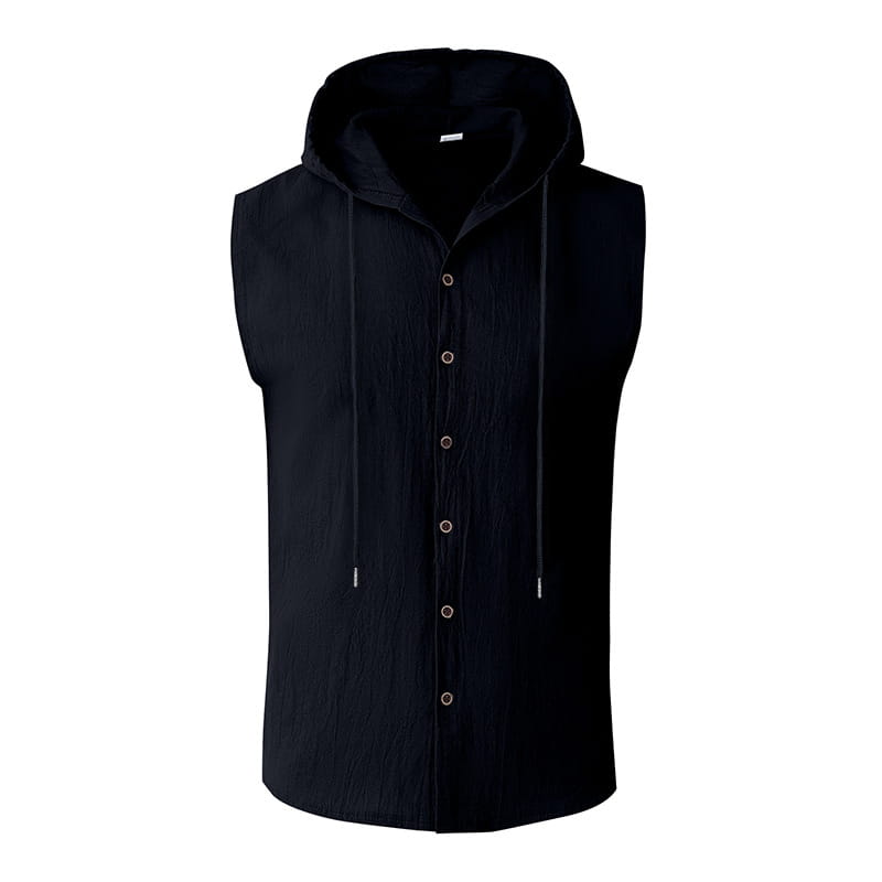 Men’s black linen blend sleeveless hooded button up shirt with subtle textured fabric and matching drawstrings.