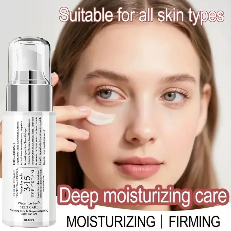 A sleek transparent bottle with a silver pump containing 345 water ice cream eye cream for all skin types