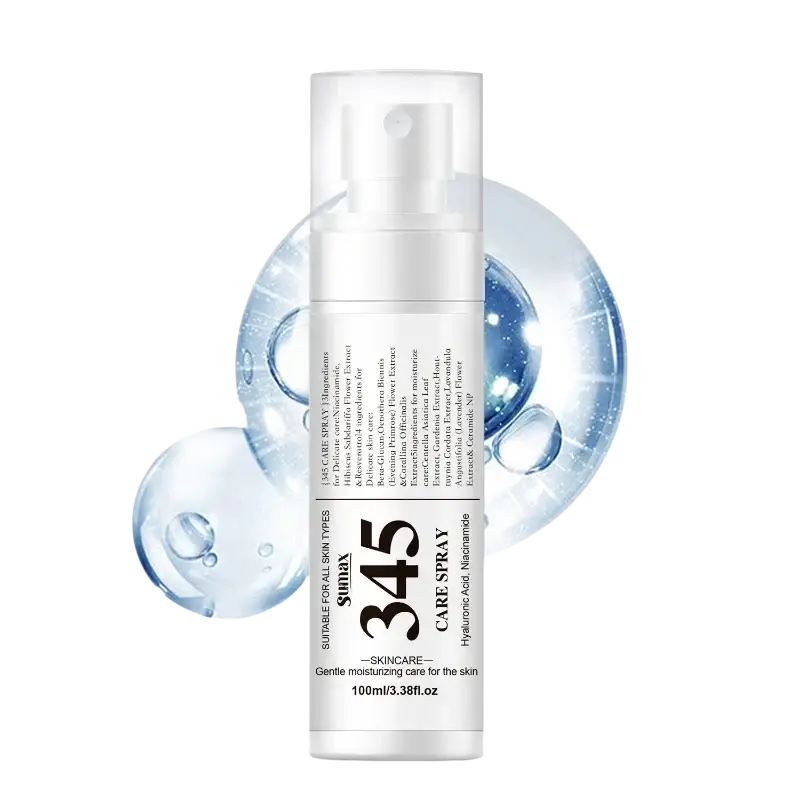 A sleek white cylindrical sumax 345 care spray bottle with transparent cap for all skin types skincare set
