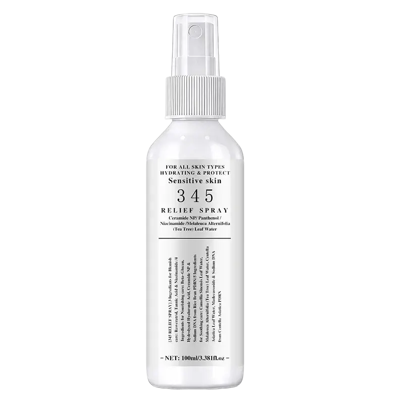 A sleek white spray bottle with clear nozzle and ribbed cap labeled 345 relief spray for sensitive skin types