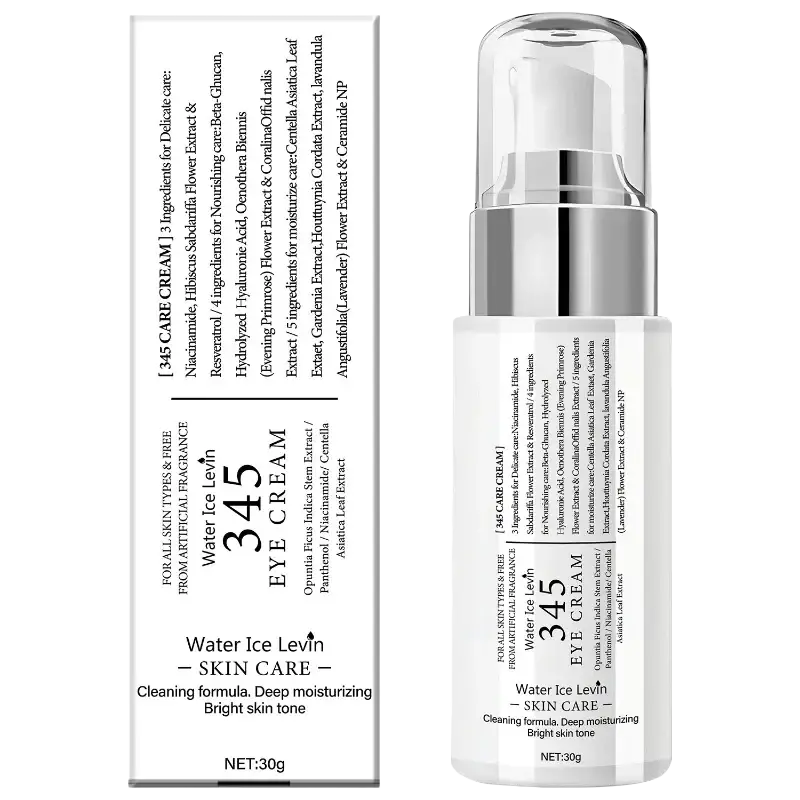 Transparent glass bottle with silver pump labeled water ice levín 345 eye cream for all skin types skincare set