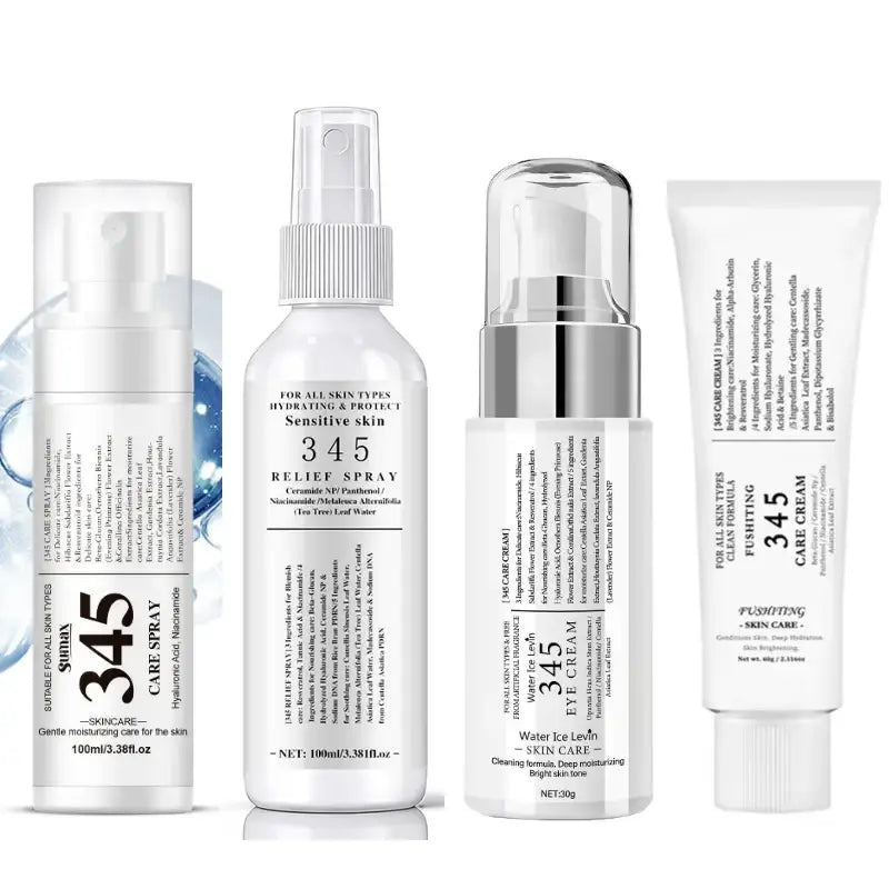 White 345 skincare set for all skin types with spray serum eye cream and care cream in minimalist bottles with silver accents