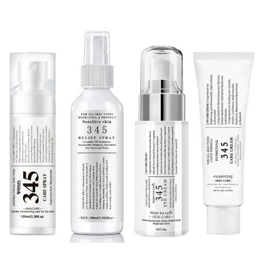 White 345 skincare set for all skin types with spray serum eye cream and care cream in minimalist bottles with silver accents