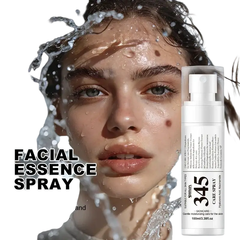 White cylindrical facial essence spray bottle with white pump labeled 345 care spray for all skin types in 345 skincare set