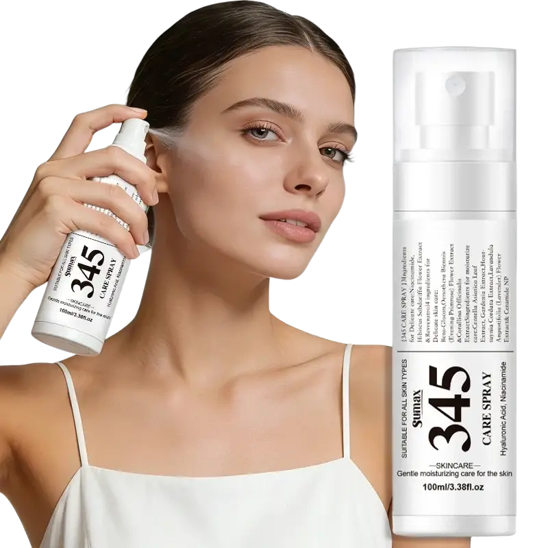 White cylindrical sumax 345 care spray bottle with pump dispenser for all skin types in 345 skincare set
